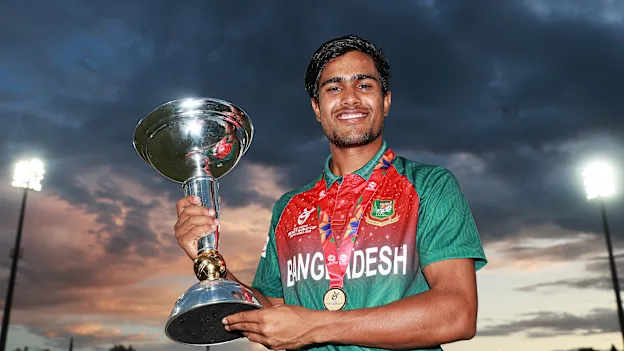 Mohammad Akbar Ali of Bangladesh pictured with the trophy during the ICC U19 Cricket World Cup Super League Final match between India and Bangladesh at JB Marks Oval on February 09, 2020 in Potchefstroom, South Africa.
