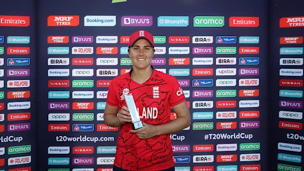 Nat Sciver-Brunt of England poses after being named Player of the Match following the ICC Women's T20 World Cup group B match between England and Pakistan at Newlands Stadium on February 21, 2023 in Cape Town, South Africa.