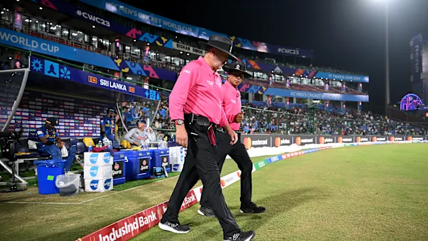 Umpires Richard Illingworth and Shahid Saikat walk onto the field during the ICC Men's Cricket World Cup India 2023 between South Africa and Sri Lanka at Arun Jaitley Stadium on October 07, 2023 in Delhi, India.