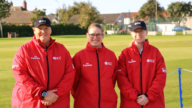 Scotland v PNG Match Officials; Lauren Agenbach and Kim Cotton (on-field umpires), Sue Redfern (reserve umpire)