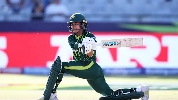 Logo of Fatima Sana of Pakistan plays a shot during the ICC Women's T20 World Cup group B match between England and Pakistan at Newlands Stadium on February 21, 2023 in Cape Town, South Africa.