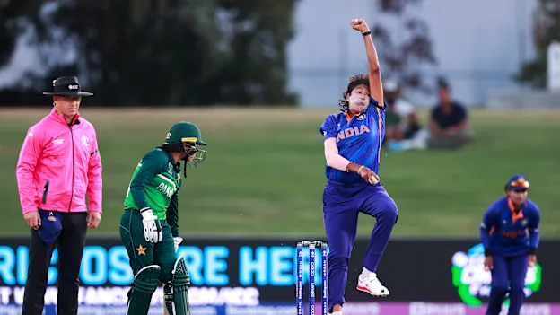 Jhulan Goswami of India bowls during the 2022 ICC Women's Cricket World Cup match between Pakistan and India at Bay Oval on March 06, 2022 in Tauranga, New Zealand.