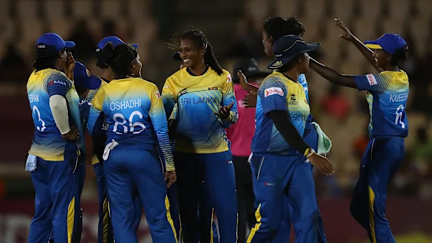 Inoshi Priyadharshani of Sri Lanka celebrates bowling Shamima Sultana of Bangladesh during the ICC Women's World T20 2018 match between Sri Lanka and Bangladesh at Darren Sammy Cricket Ground on November 14, 2018 in Gros Islet, Saint Lucia.