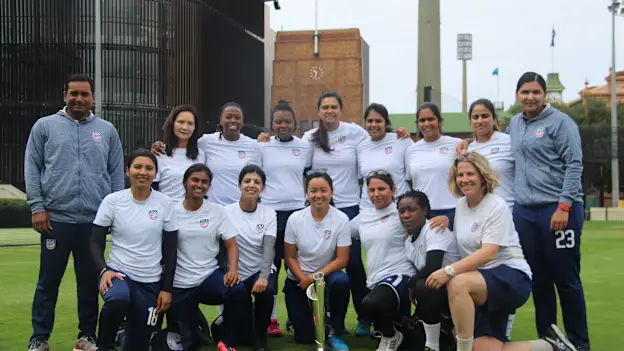 USA Women's team poses with the trophy at the Sydney Cricket Ground in Australia