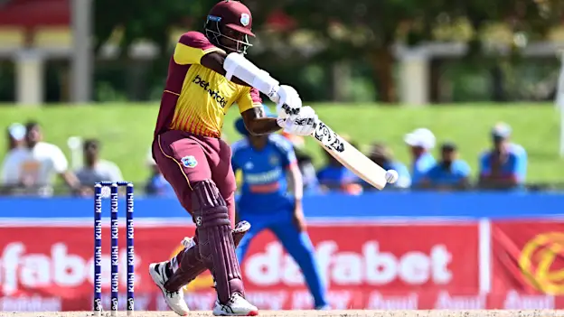 Kyle Mayers, of West Indies, takes a shot during the fourth T20i cricket match between India and West Indies at Central Broward Regional Park in Lauderhill, Florida, on August 12, 2023.