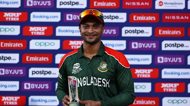 Shakib Al Hasan of Bangladesh poses after being named Player of the Match following the ICC Men's T20 World Cup match between Bangladesh and PNG at Oman Cricket Academy Ground on October 21, 2021 in Muscat, Oman.