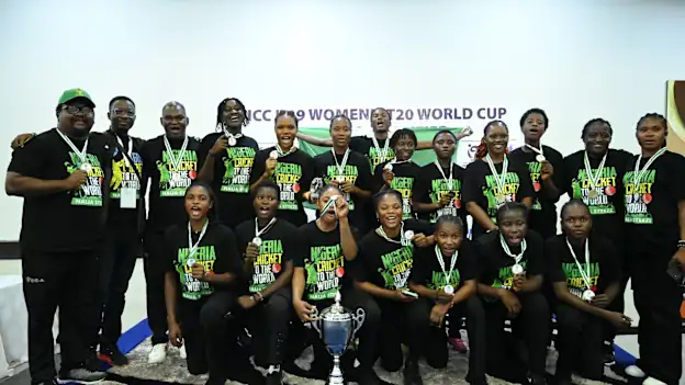 Nigeria show off their champion medals after winning the ICC U19 Women's T20 World Cup Africa Qualifier in Kigali to secure a ticket to Malaysia
