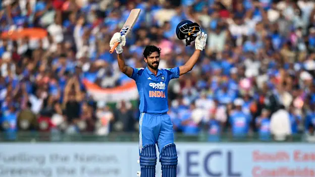 India's Ruturaj Gaikwad celebrates after scoring a century (100 runs) during the second one-day international (ODI) 
