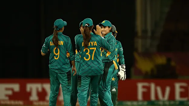 Bismah Mahroof of Pakistan celebrates a wicket with team mates during the ICC Women's World T20 2018 match between Pakistan and Ireland at Guyana National Stadium on November 13, 2018 in Providence, Guyana.