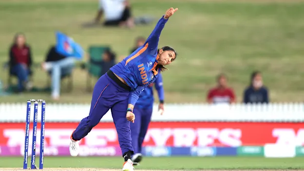 Sneh Rana of India bowls during the 2022 ICC Women's Cricket World Cup match between India and Bangladesh at Seddon Park on March 22, 2022 in Hamilton, New Zealand.