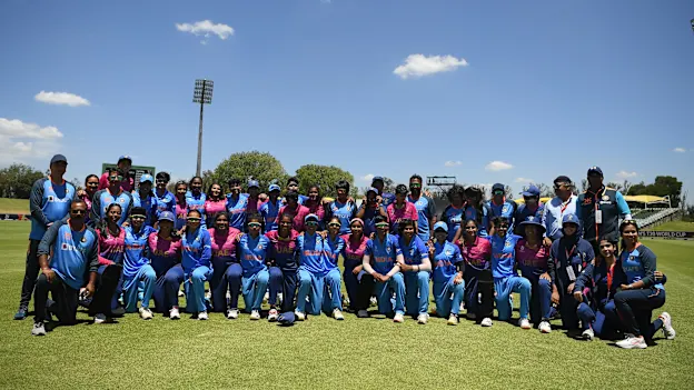 Players of India and UAE pose for a group photograph after the ICC Women's U19 T20 World Cup 2023 match between and at Willowmoore Park on January 16, 2023 in Benoni, South Africa.