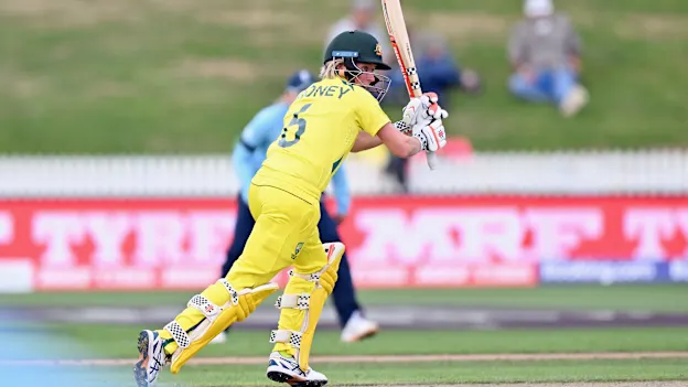 Beth Mooney of Australia bats during the 2022 ICC Women's Cricket World Cup match between Australia and England at Seddon Park on March 05, 2022 in Hamilton, New Zealand.