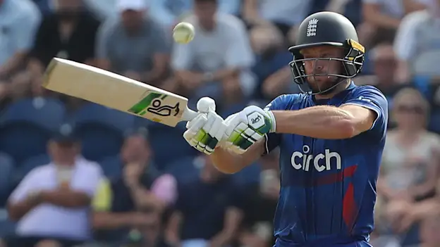 Jos Buttler plays a shot during the first One Day International cricket match between England and New Zealand at Sophia Gardens in Cardiff, south Wales on September 8, 2023.