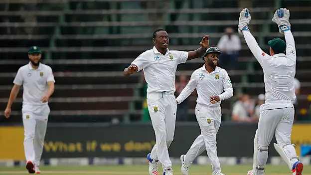 Kagiso Rabada celebrating the wicket of Kusal Mendis