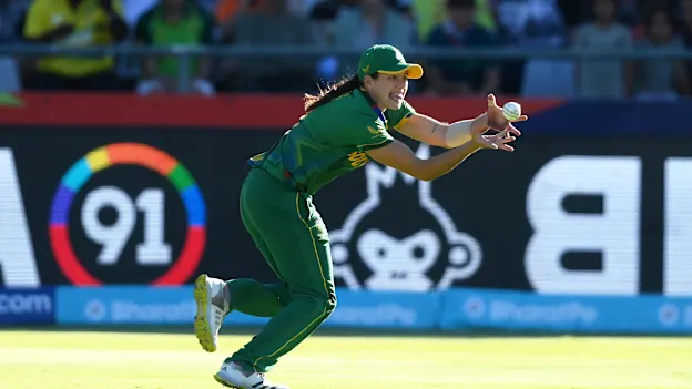 Tazmin Brits of South Africa takes a catch to dismiss Danni Wyatt of England during the ICC Women's T20 World Cup Semi Final match between England and South Africa at Newlands Stadium on February 24, 2023 in Cape Town, South Africa.