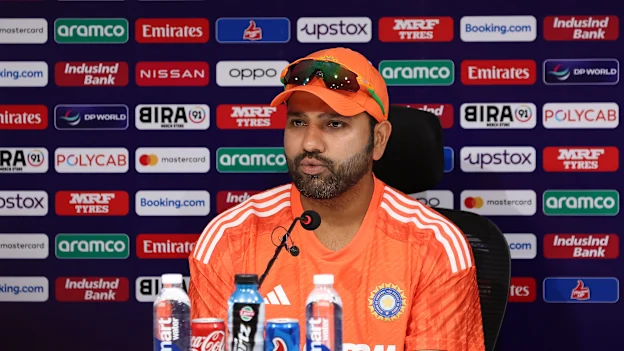 Rohit Sharma, Captain of India pictured during a Press Conference ahead of the ICC Men's Cricket World Cup India 2023 India & Australia Net Sessions at MA Chidambaram Stadium on October 07, 2023 in Chennai, India.