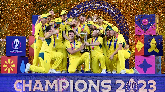 Pat Cummins of Australia lifts the ICC Men's Cricket World Cup Trophy following the ICC Men's Cricket World Cup India 2023 Final between India and Australia at Narendra Modi Stadium on November 19, 2023 in Ahmedabad, India.