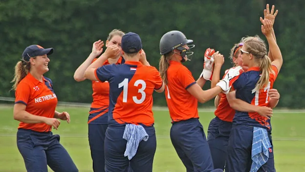The Dutch celebrating the first wicket, NL v PNG, VRA, 10th July 2018.