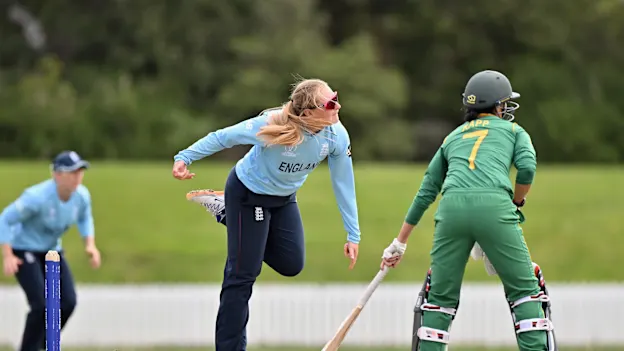 Sophie Ecclestone of England bowls during the 2022 ICC Women's Cricket World Cup warm up match between South Africa and England at Bert Sutcliffe Oval on March 02, 2022 in Lincoln, New Zealand.