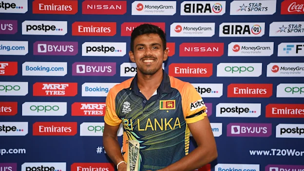 Maheesh Theekshana of Sri Lanka poses after being of named Player of the Match following the ICC Men's T20 World Cup match between Sri Lanka and Namibia at Sheikh Zayed stadium on October 18, 2021 in Abu Dhabi, United Arab Emirates.