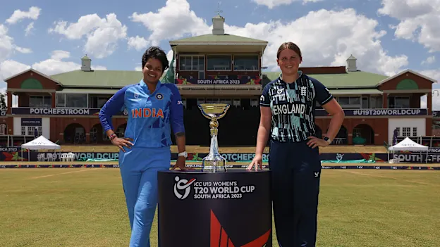 Shafali Verma, Captain of India and Grace Scrivens, Captain of England pictured with the trophy prior to the ICC Women's U19 T20 World Cup 2023 Final at JB Marks Oval on January 28, 2023 in Potchefstroom, South Africa.