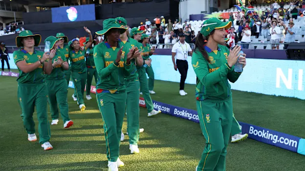 Players of South Africa interact with the crowd following the ICC Women's T20 World Cup Semi Final match between England and South Africa at Newlands Stadium on February 24, 2023 in Cape Town, South Africa.