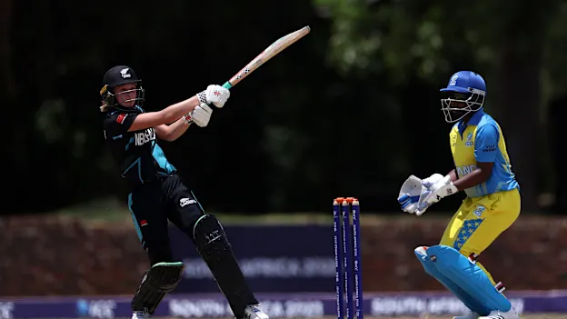 Emma McLeod of New Zealand plays a shot during the ICC Women's U19 T20 World Cup 2023 Super 6 match between Rwanda and New Zealand at North-West University Oval on January 21, 2023 in Potchefstroom, South Africa.
