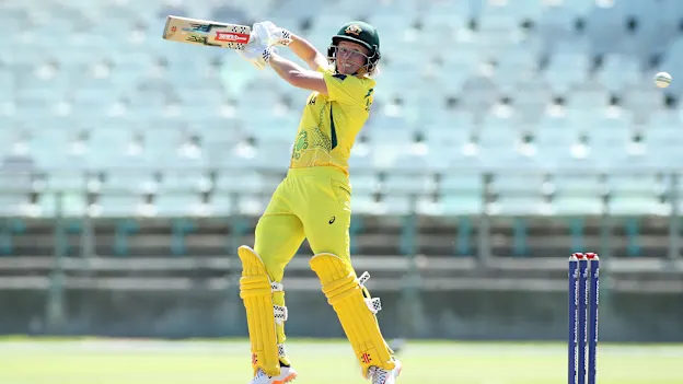Beth Mooney of Australia plays a shot during a warm-up match between Australia and India prior to the ICC Women's T20 World Cup South Africa 2023 at Newlands on February 06, 2023 in Cape Town, South Africa.