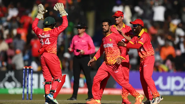 Sikandar Raza of Zimbabwe celebrates the wicket of Shai Hope of West Indies during the ICC Men's Cricket World Cup Qualifier Zimbabwe 2023 match between Zimbabwe and West Indies at Harare Sports Club on June 24, 2023 in Harare, Zimbabwe.