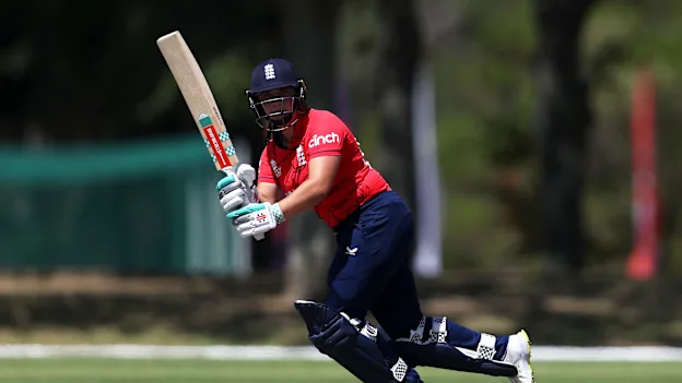 Logo of Alice Capsey of England plays a shot during a warm-up match between South Africa and England prior to the ICC Women's T20 World Cup South Africa 2023 at Stellenbosch University 1 on February 06, 2023 in Stellenbosch, South Africa.