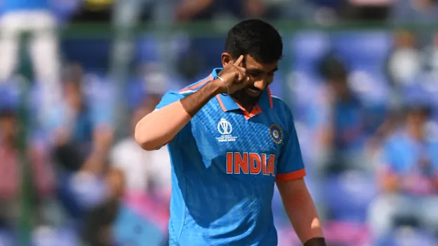 Jasprit Bumrah of India celebrates the wicket of Ibrahim Zadran of Afghanistan during the ICC Men's Cricket World Cup India 2023 between India and Afghanistan