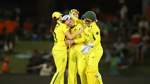 Ashleigh Gardner of Australia celebrates the wicket of Eden Carson of New Zealand for her fifth wicket during the ICC Women's T20 World Cup group A match between Australia and New Zealand at Boland Park on February 11, 2023 in Paarl, South Africa.