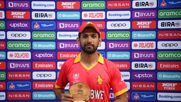 Sikandar Raza of Zimbabwe poses after being named Player of the Match following the ICC Men's Cricket World Cup Qualifier Zimbabwe 2023 match between Zimbabwe and the Netherlands at Harare Sports Club on June 20, 2023 in Harare, Zimbabwe.