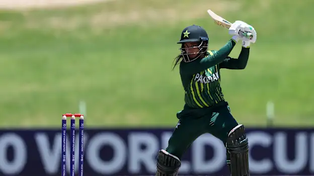 Eyman Fatima of Pakistan plays a shot during the ICC Women's U19 T20 World Cup 2023 match between Pakistan and Rwanda at JB Marks Oval on January 15, 2023 in Potchefstroom, South Africa.