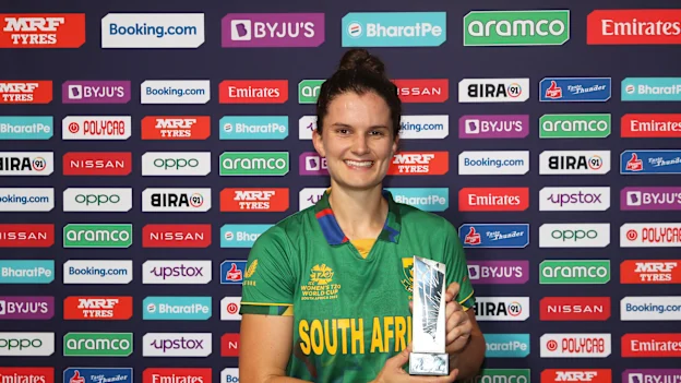 Laura Wolvaardt of South Africa poses after being named Player of the Match following the ICC Women's T20 World Cup group A match between South Africa and Bangladesh at Newlands Stadium on February 21, 2023 in Cape Town, South Africa.