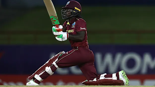Deandra Dottin of Windies hits a six during the ICC Women's World T20 2018 match between Windies and England at Darren Sammy Cricket Ground on November 18, 2018 in Gros Islet, Saint Lucia.