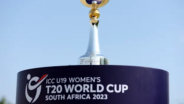 General view of the ICC Women's U19 T20 World Cup 2023 Trophy during the ICC Women's U19 T20 World Cup 2023 Super 6 match between Ireland and England at JB Marks Oval on January 21, 2023 in Potchefstroom, South Africa.