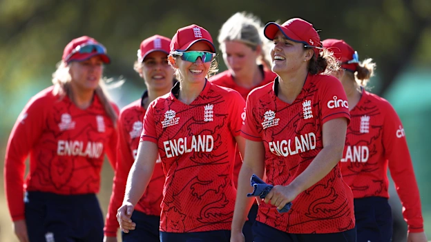 Kate Cross and Nat Sciver-Brunt of England look on following a warm-up match between South Africa and England prior to the ICC Women's T20 World Cup South Africa 2023 at Stellenbosch University 1 on February 06, 2023 in Stellenbosch, South Africa.
