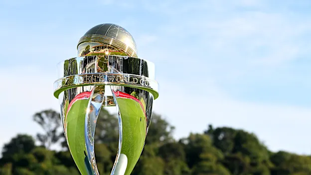 ICC WCWC trophy during the 2022 ICC Women's Cricket World Cup match between Bangladesh and South Africa at University Oval on March 05, 2022 in Dunedin, New Zealand.