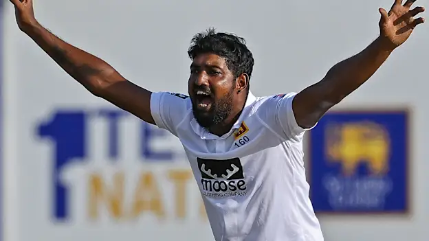 Sri Lanka Prabath Jayasuriya appeals for a Leg Before Wicket decision against Ireland's Andrew Balbirnie during the fourth day of the second and final cricket Test match between 1920x1080