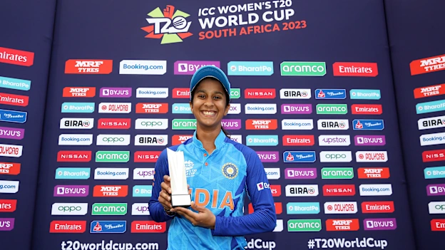 Jemimah Rodrigues of India poses after being named Player of the Match following the ICC Women's T20 World Cup group B match between India and Pakistan at Newlands Stadium on February 12, 2023 in Cape Town, South Africa.