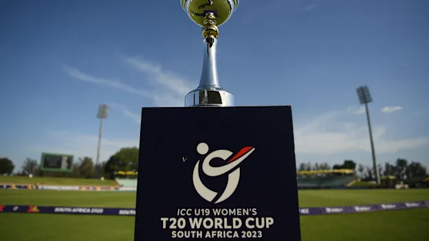 The  ICC Women's U19 T20 World Cup Trophy is seen during the ICC Women's U19 T20 World Cup 2023 match between South Africa and Scotland at Willowmoore Park on January 16, 2023 in Benoni, South Africa.