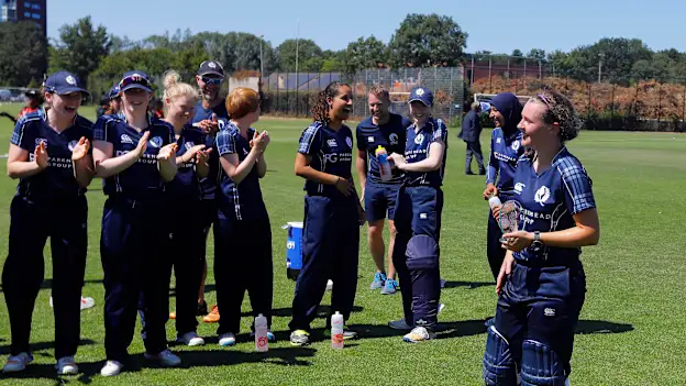 Scotland's K Bryce is the Player of the Match with her teammates after the win over PNG, 3rd Place Play-off, ICC Women's World Twenty20 Qualifier at Utrecht, Jul 14th 2018.