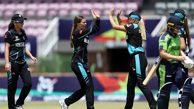 Tash Wakelin of New Zealand celebrates the wicket of Rebecca Gough of Ireland with team mate Izzy Sharp during the ICC Women's U19 T20 World Cup 2023 match between New Zealand and Ireland.