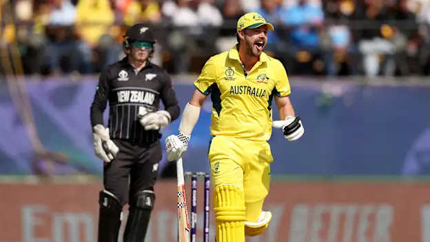 Travis Head of Australia celebrates after reaching his century after scoring 100 runs during the ICC Men's Cricket World Cup India 2023 Group Stage Match between Australia and New Zealand (2)