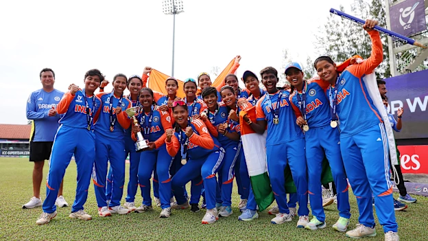 trophy alongside teamamates following the team's victory in the ICC Women's U19 T20 World Cup 2025 Final between South Africa and India at Bayuemas Oval on February 02, 2025 in Kuala Lumpur, Malaysia