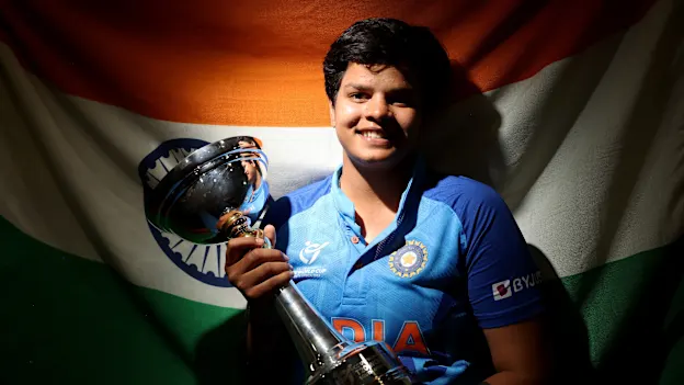 Shafali Verma of India poses with the ICC Women's U19 T20 World Cup Trophy.