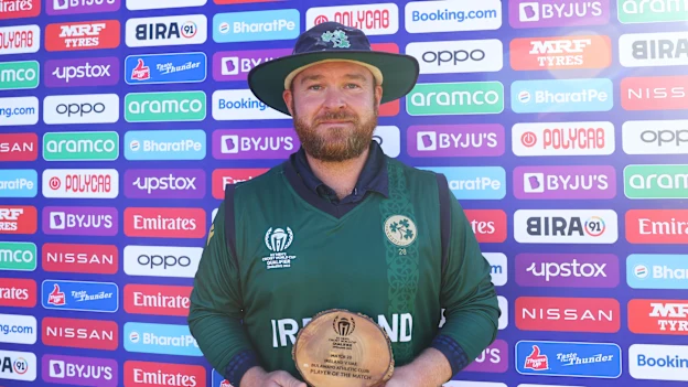 Paul Stirling of Ireland poses for a photo while holding the Player of the Match award after the team's victory in the ICC Men's Cricket World Cup Qualifier Zimbabwe 2023 match between the Ireland and UAE at Bulawayo Athletic Club on June 27, 2023.