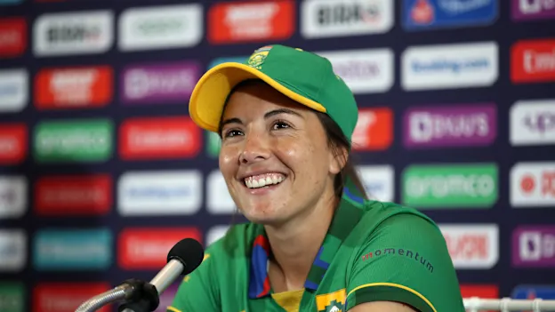 Sune Luus of South Africa looks on as they are interviewed following the ICC Women's T20 World Cup Final match between Australia and South Africa at Newlands Stadium on February 26, 2023 in Cape Town, South Africa.