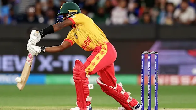 Wesley Madhevere plays a shot during the ICC men's Twenty20 World Cup 2022 cricket match between India and Zimbabwe at Melbourne Cricket Ground (MCG) on November 6, 2022 in Melbourne.